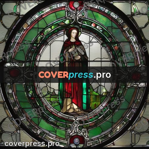 Stained glass illustration: round window in green and red