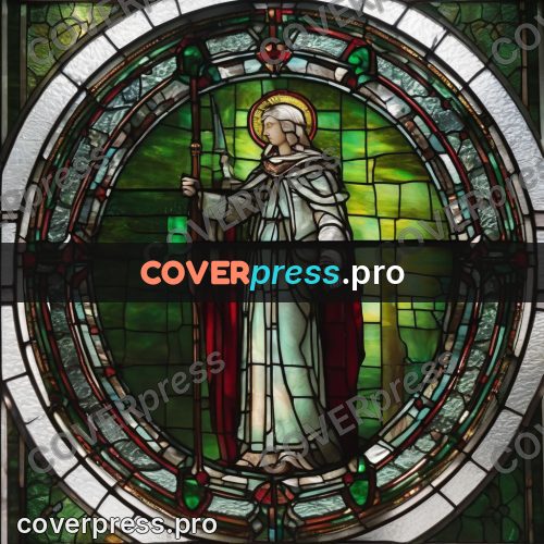 Stained glass illustration: round window in green and red
