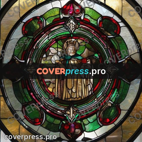 Stained glass illustration: round window in green and red