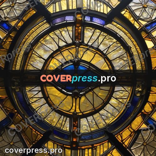Stained glass illustration: gold rose with blue fields