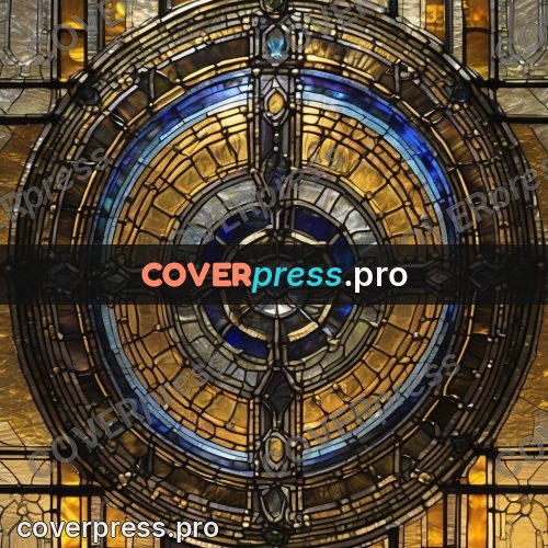 Stained glass illustration: gold rose with blue fields