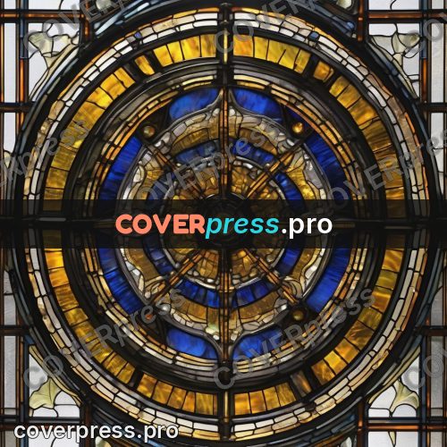 Stained glass illustration: gold rose with blue fields