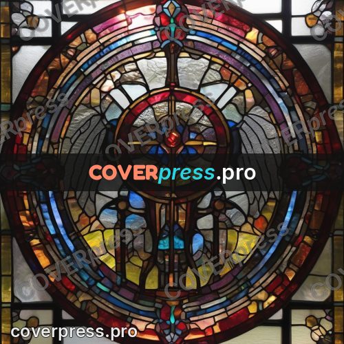 Stained glass illustration: red and turquoise round window