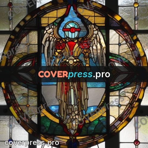 Stained glass illustration: red and turquoise round window