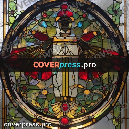 Stained glass illustration: red and turquoise round window