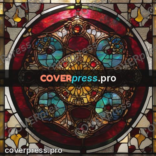 Stained glass illustration: red and turquoise round window