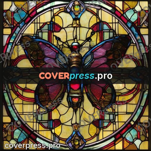 Stained glass illustration: red and turquoise round window