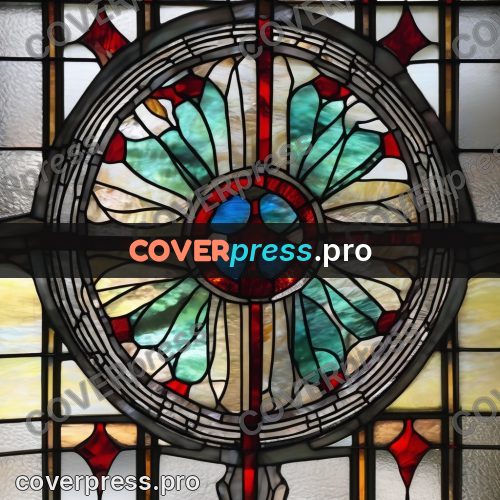 Stained glass illustration: red and white rose window