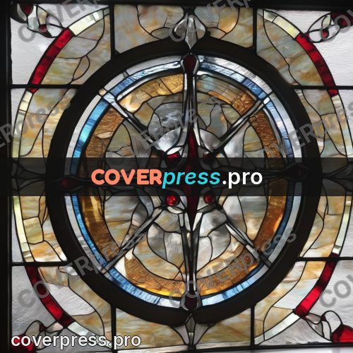 Stained glass illustration: red and white rose window