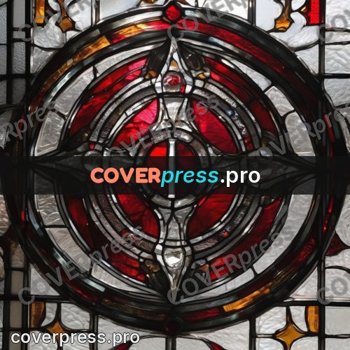 Stained glass illustration: red and white rose window