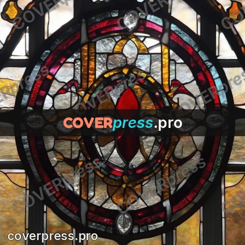 Stained glass illustration: red and white rose window