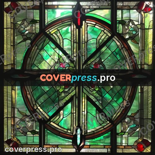 Stained glass illustration: green rose with a cross