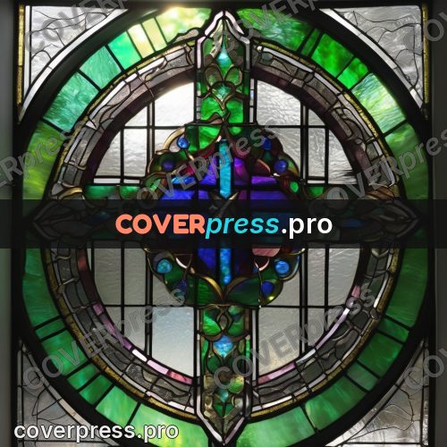 Stained glass illustration: green rose with a cross