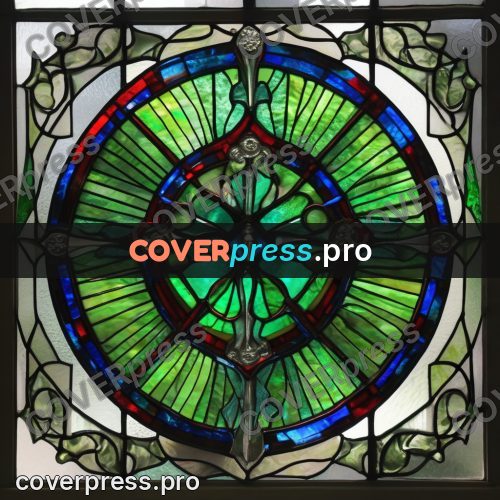 Stained glass illustration: green rose with a cross