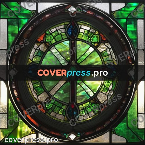 Stained glass illustration: green rose with a cross