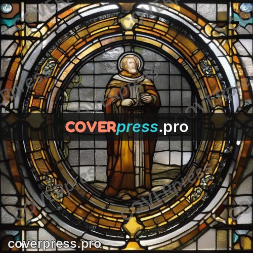 Stained glass illustration: cloaked figure in an oval window