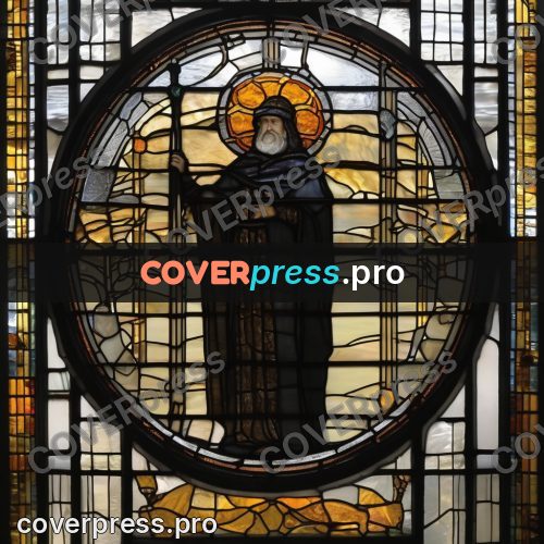 Stained glass illustration: cloaked figure in an oval window