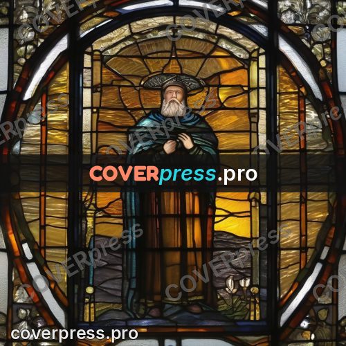 Stained glass illustration: cloaked figure in an oval window