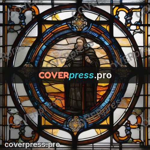 Stained glass illustration: cloaked figure in an oval window