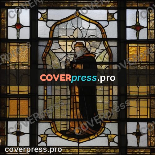 Stained glass illustration: cloaked figure in an oval window