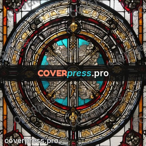 Stained glass illustration: rose with red and gold rings