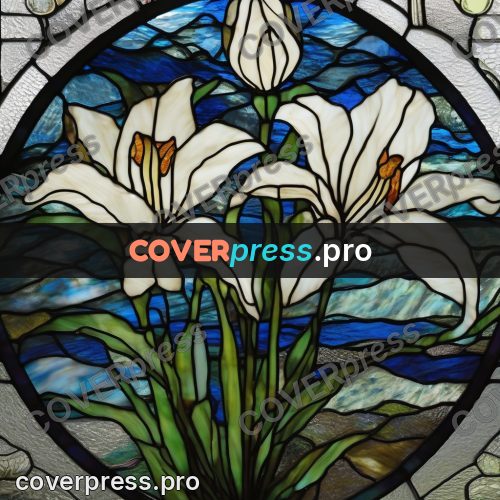 Stained glass illustration: white lily on a blue ground