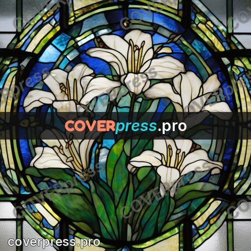 Stained glass illustration: white lily on a blue ground
