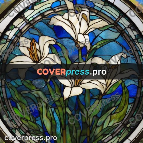 Stained glass illustration: white lily on a blue ground