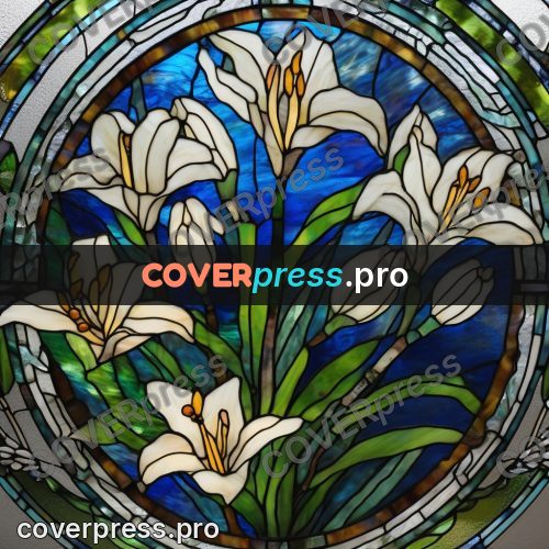 Stained glass illustration: white lily on a blue ground