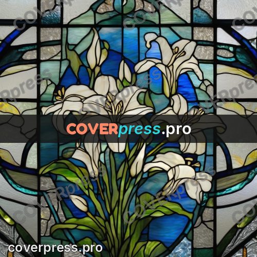 Stained glass illustration: white lily on a blue ground
