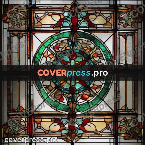 Stained glass illustration: green pattern with red berries