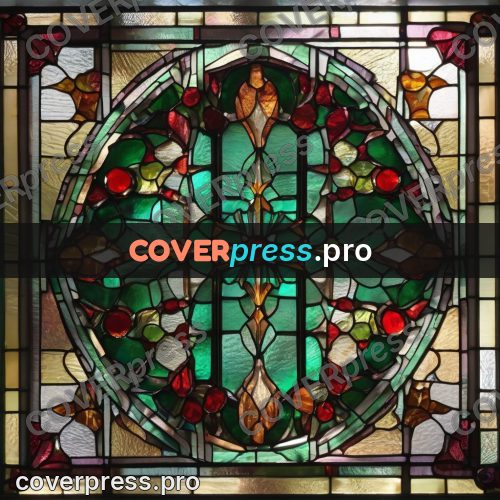 Stained glass illustration: green pattern with red berries
