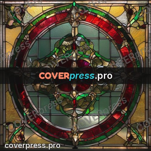Stained glass illustration: green pattern with red berries