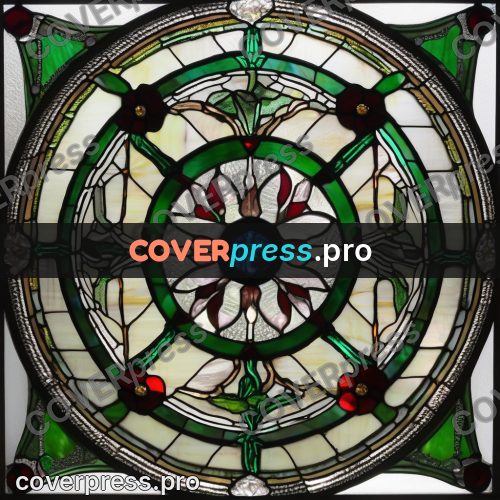 Stained glass illustration: flower in a green circle