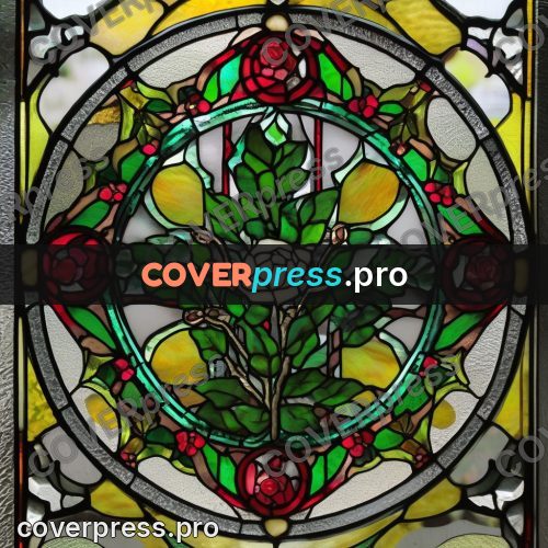 Stained glass illustration: flower in a green circle