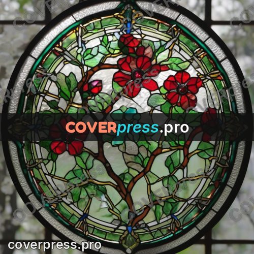 Stained glass illustration: flower in a green circle