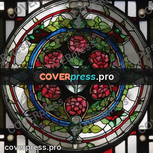 Stained glass illustration: flower in a green circle