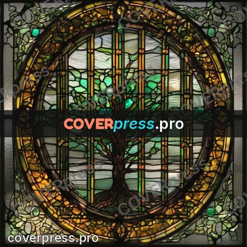 Stained glass illustration: tree in a round window