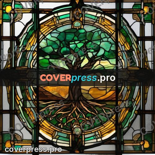 Stained glass illustration: tree in a round window