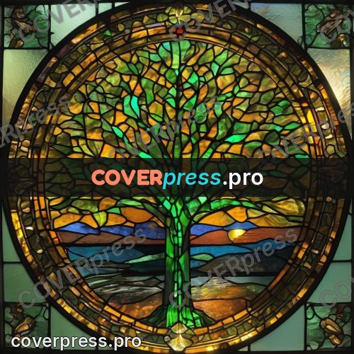 Stained glass illustration: tree in a round window