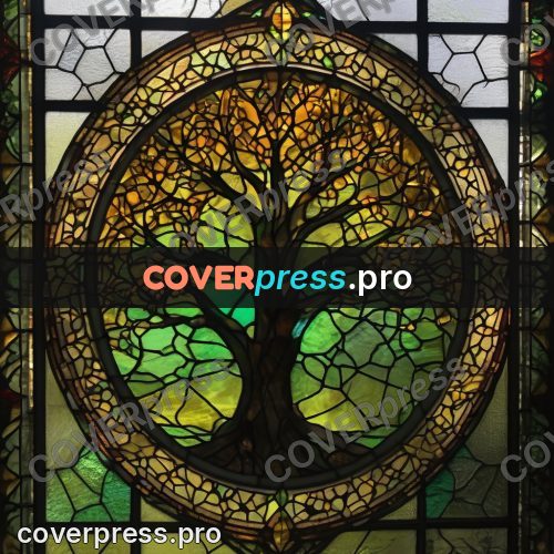 Stained glass illustration: tree in a round window