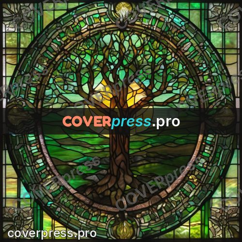 Stained glass illustration: tree in a round window