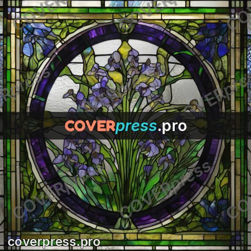 Stained glass illustration: iris on a green stem