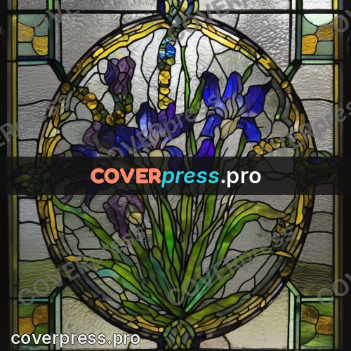 Stained glass illustration: iris on a green stem