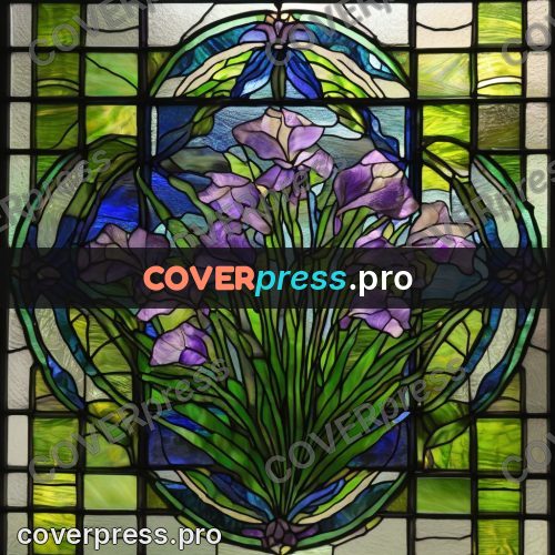 Stained glass illustration: iris on a green stem