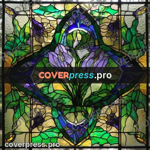 Stained glass illustration: iris on a green stem