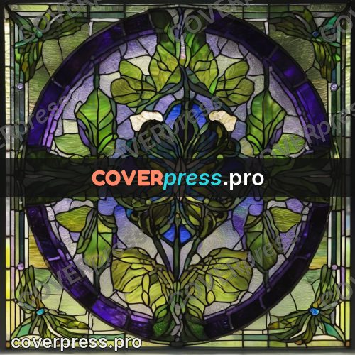 Stained glass illustration: iris on a green stem