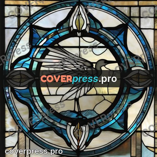 Stained glass illustration: white bird in a round medallion