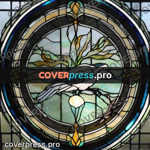 Stained glass illustration: white bird in a round medallion