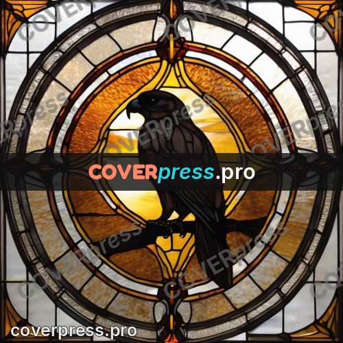 Stained glass illustration: dark falcon against amber